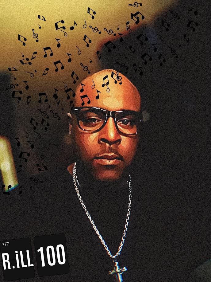 R.iLL in glasses and a cross chain, music notes rising behind him